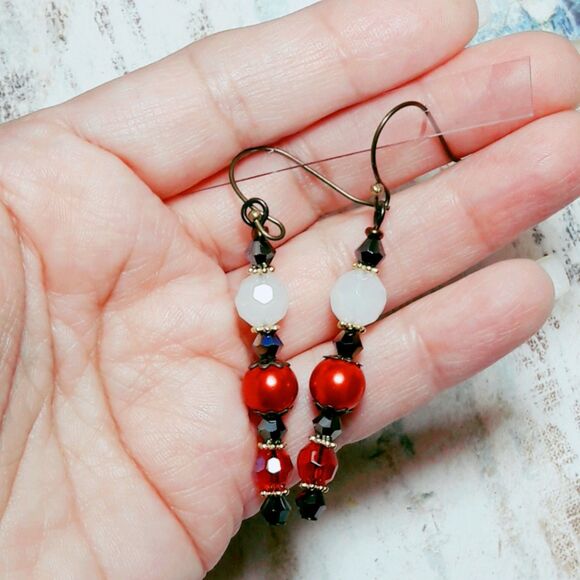 boho earrings 439#mfs Red white victorian hatpin earrings dangle vintage goth ro - Picture 4 of 5